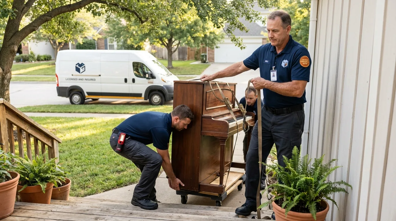 Licensed piano movers securing grand piano in Eufaula, OK