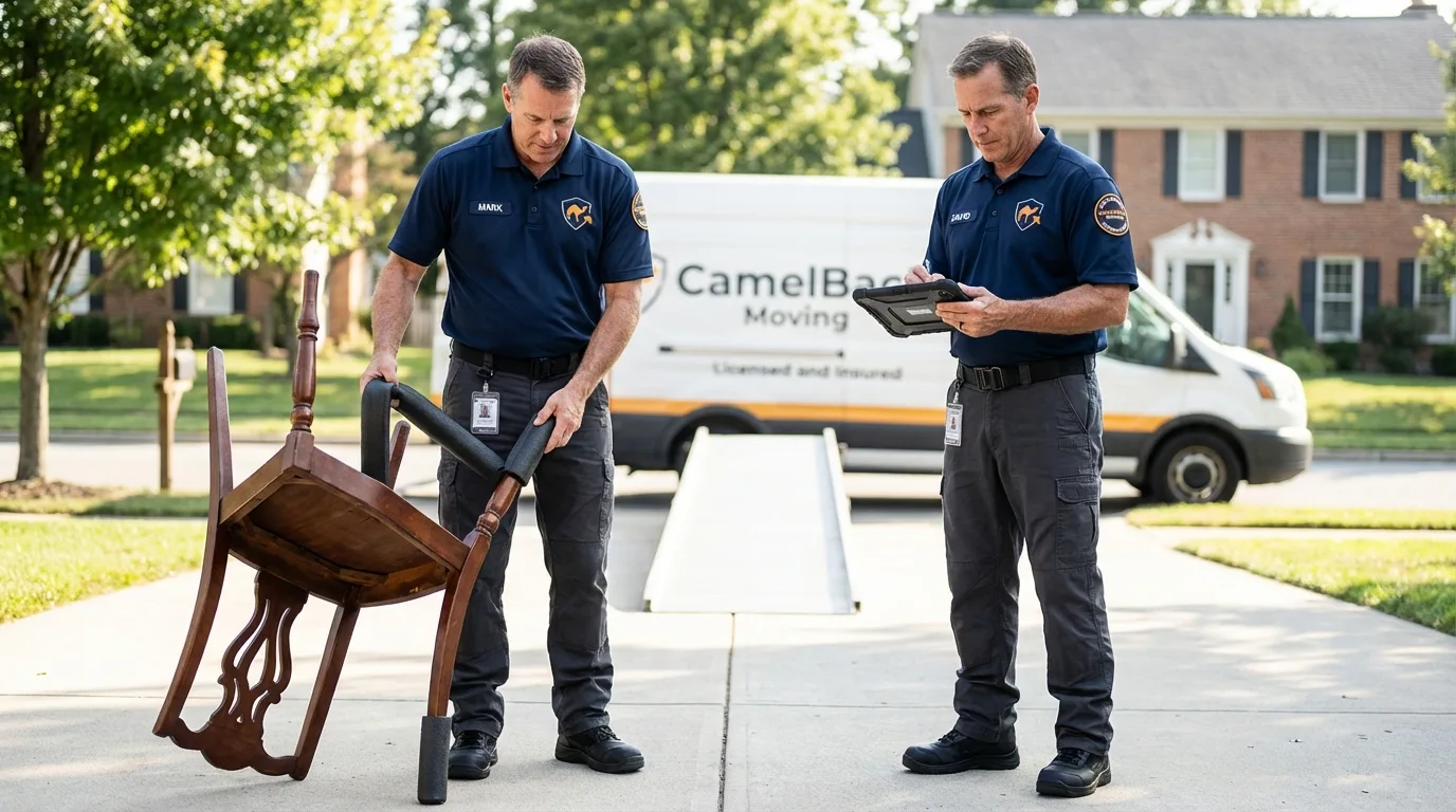 Movers inspecting furniture for damage prevention before loading in Eufaula, OK