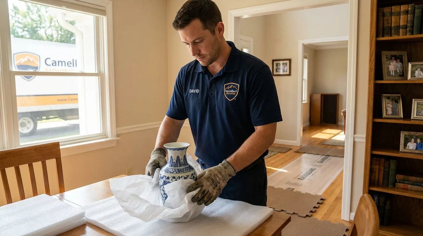 Professional crew carefully wrapping antique vase for senior downsizing move in Eufaula, OK
